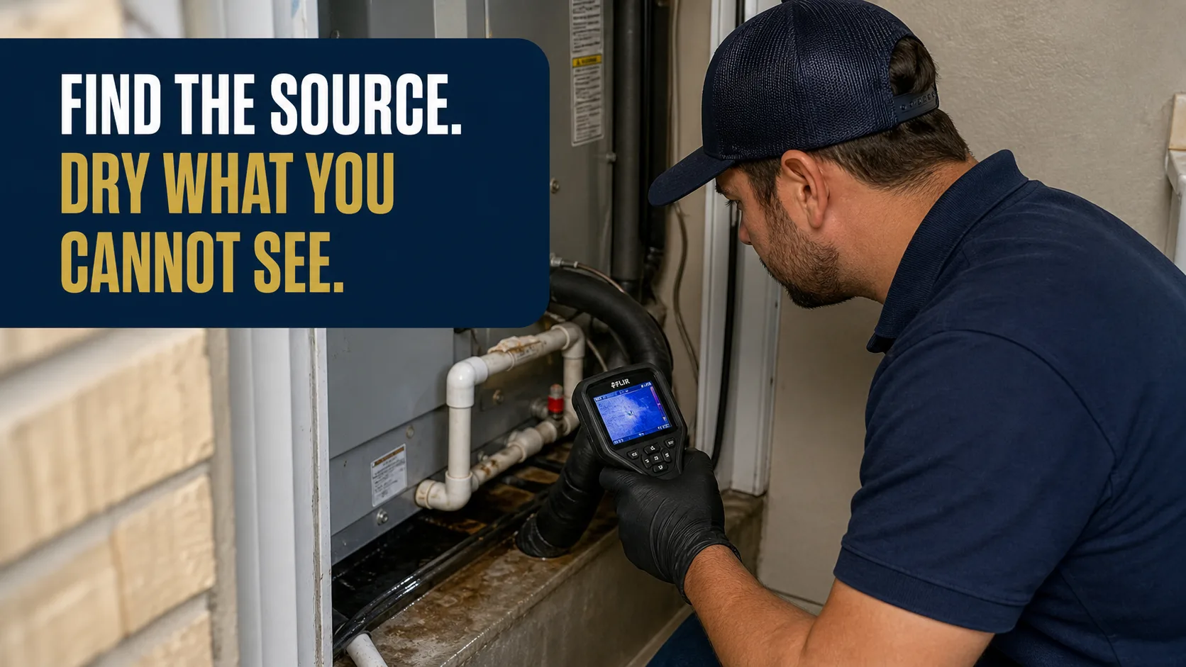 A technician wearing a dark blue cap and black gloves uses a thermal imaging camera to inspect a leaking HVAC unit. Caption on image: FIND THE SOURCE. DRY WHAT YOU CANNOT SEE.
