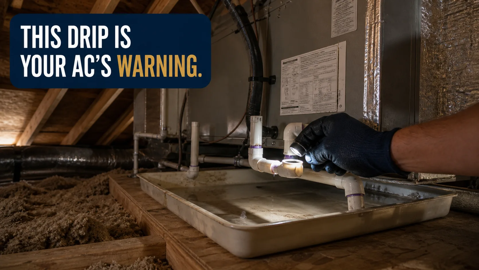 A technician wearing a dark glove shines a flashlight on a PVC pipe connected to an HVAC unit, with water collected in a drain pan below. Caption on image: THIS DRIP IS YOUR AC'S WARNING.