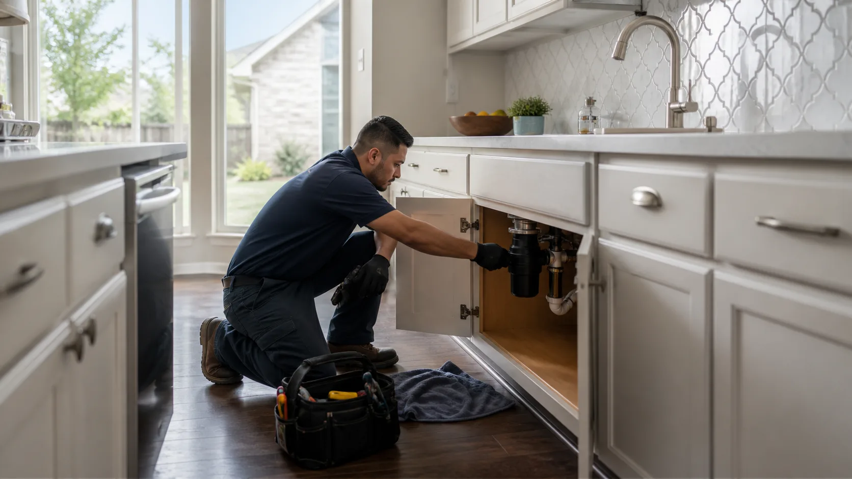 A technician wearing gloves kneels on a kitchen floor, reaching into a cabinet to inspect plumbing under a sink.