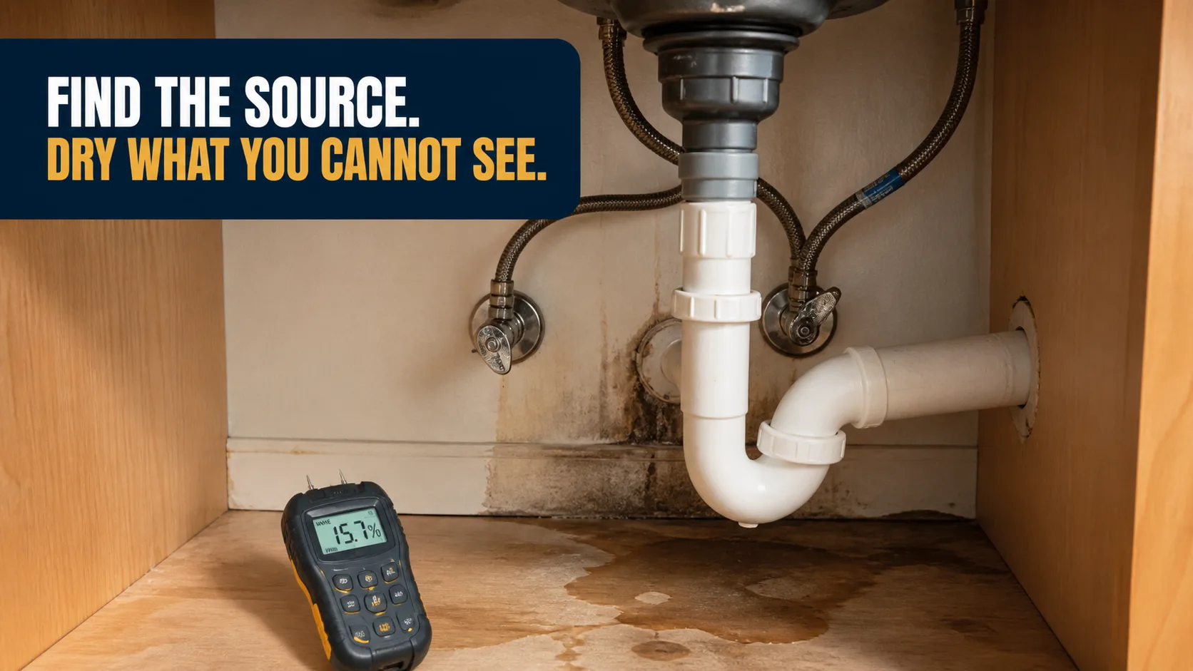 A moisture meter showing 15.7% sits on a water-damaged cabinet floor with visible mold growth and a leaking sink drain. Caption on image: FIND THE SOURCE. DRY WHAT YOU CANNOT SEE.