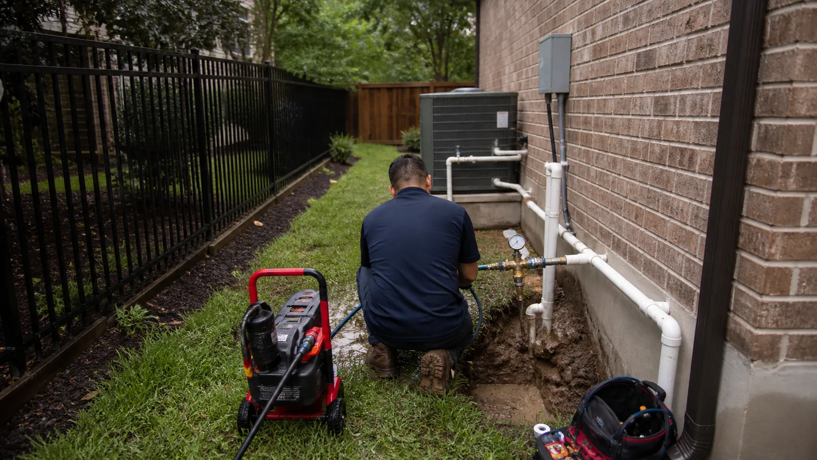 A technician crouches in a trench next to a house, working on a water line with a pressure gauge, with a pressure washer nearby.