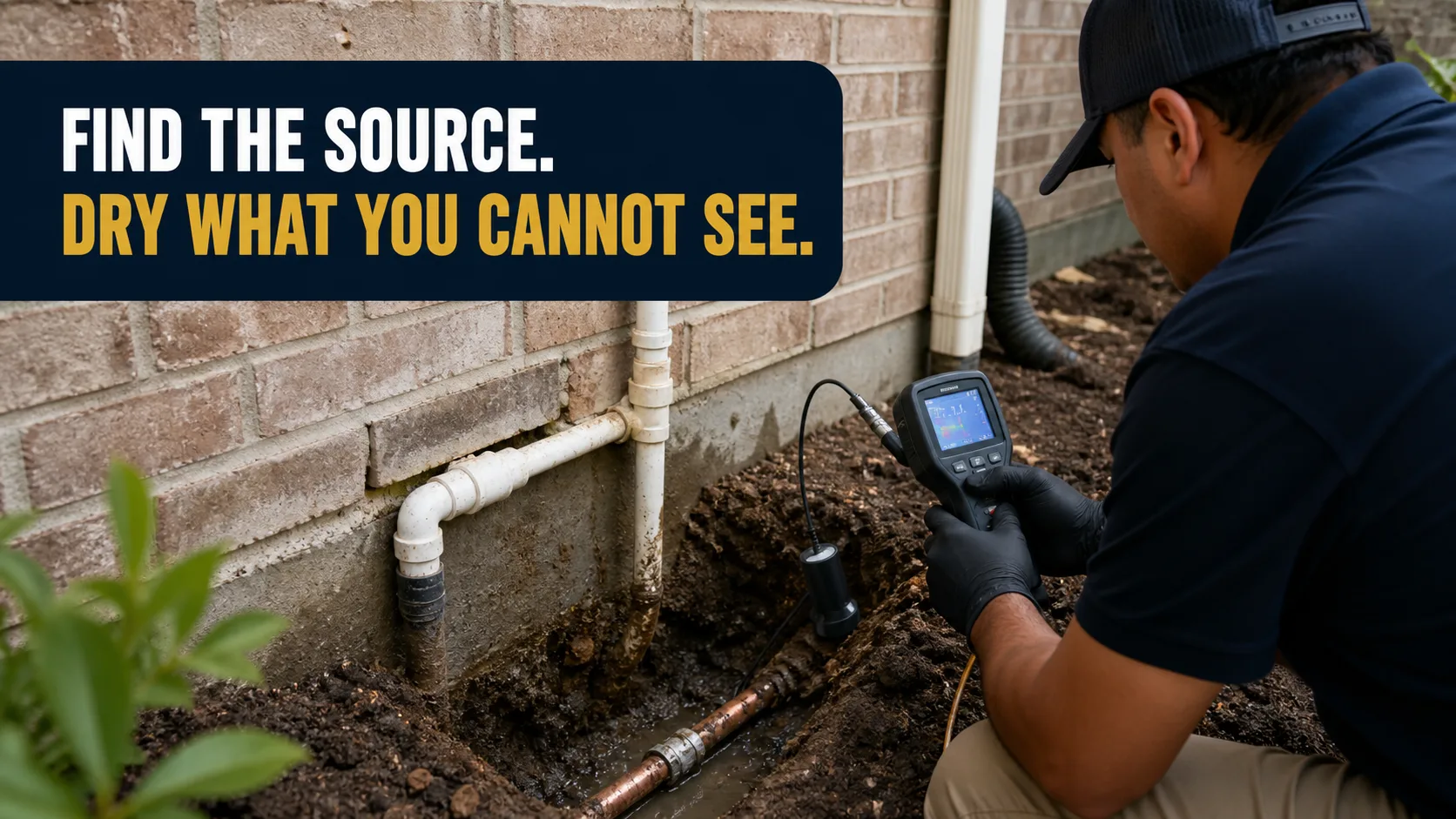 A technician wearing black gloves uses a handheld leak detection device to locate a water leak from a copper pipe buried in the dirt next to a brick building. Caption on image: FIND THE SOURCE. DRY WHAT YOU CANNOT SEE.