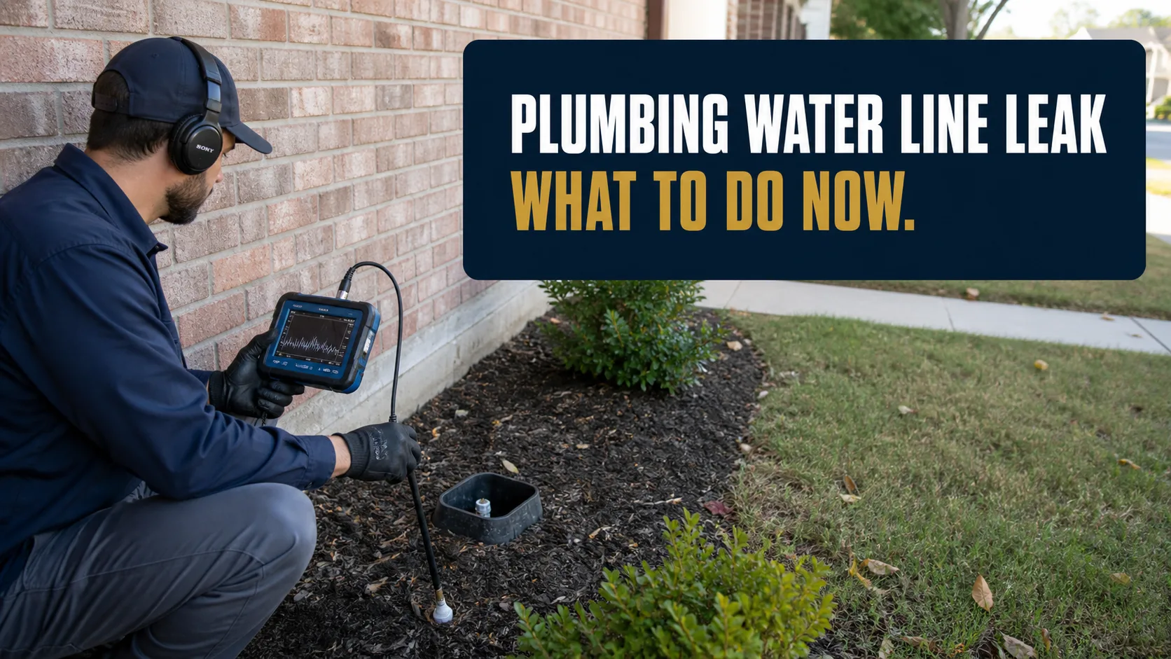 A technician wearing headphones and gloves uses a leak detection device near a brick building, with a display showing a waveform. Caption on image: PLUMBING WATER LINE LEAK WHAT TO DO NOW.