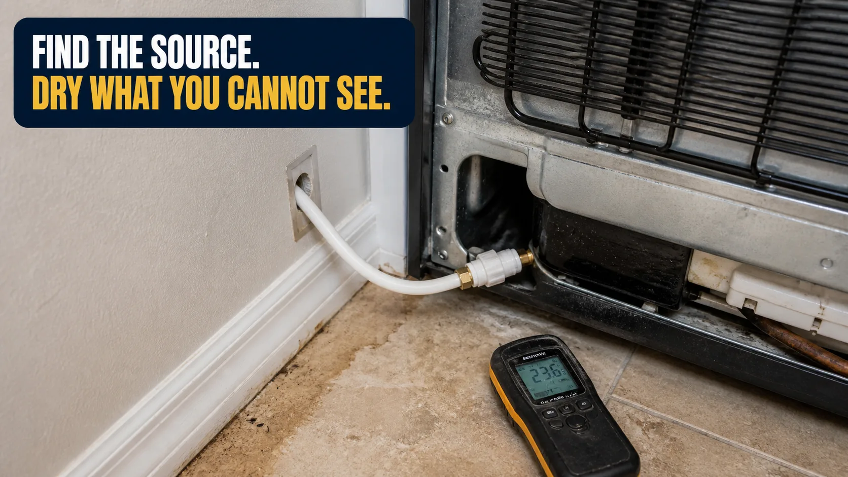 A white water line from a refrigerator connects to a wall, with a moisture meter displaying "23.6" on the tiled floor, indicating a leak. Caption on image: FIND THE SOURCE. DRY WHAT YOU CANNOT SEE.