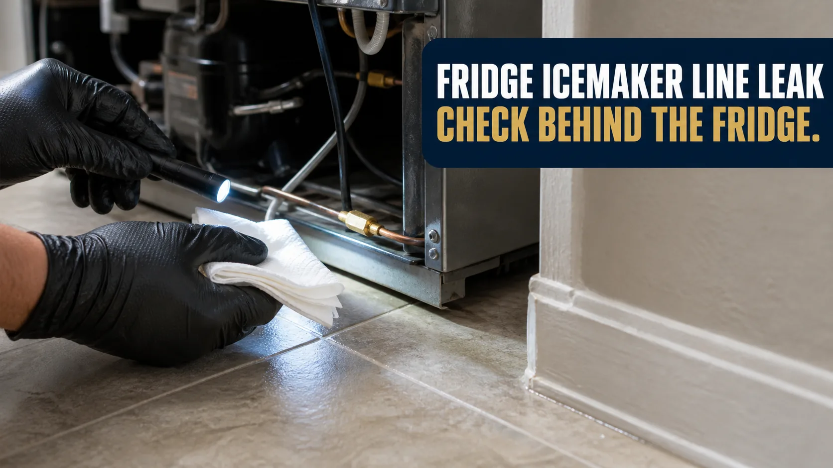 A technician wearing black gloves uses a flashlight to inspect a copper icemaker line behind a refrigerator, with a white cloth in hand. Caption on image: FRIDGE ICEMAKER LINE LEAK CHECK BEHIND THE FRIDGE.