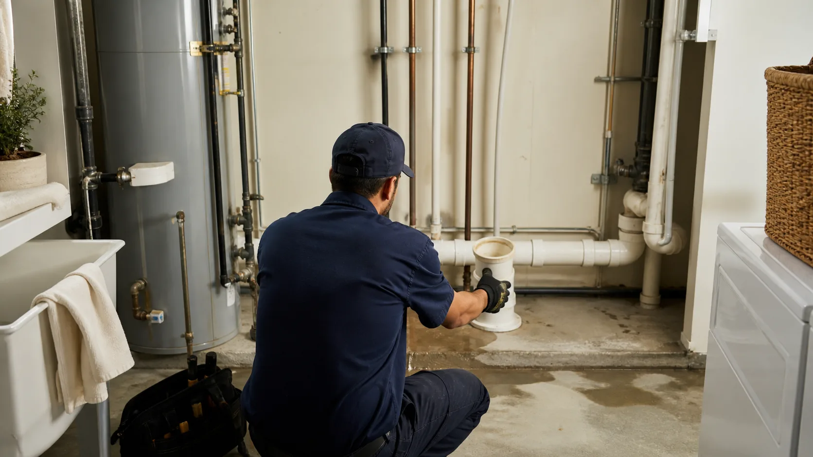 A technician wearing a navy blue uniform and work gloves kneels on a concrete floor, holding a white PVC pipe fitting near a wall with exposed plumbing pipes and a water heater.
