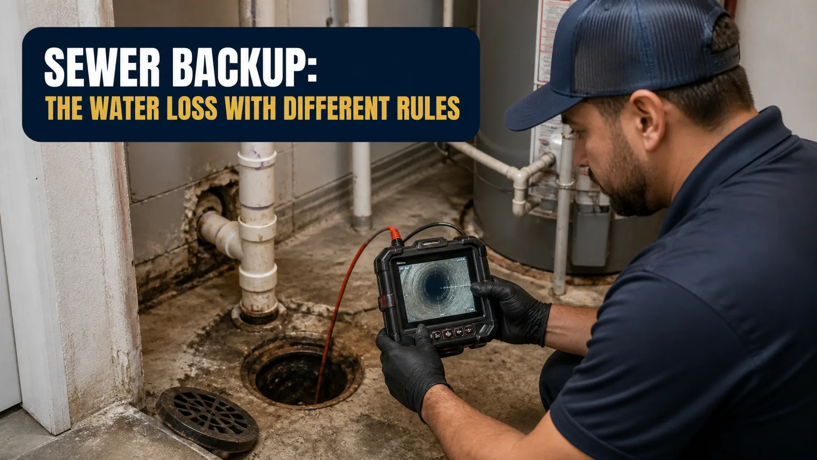 A technician wearing a blue polo shirt and a baseball cap uses a video inspection camera to examine a drain in a basement. Caption on image: SEWER BACKUP: THE WATER LOSS WITH DIFFERENT RULES.