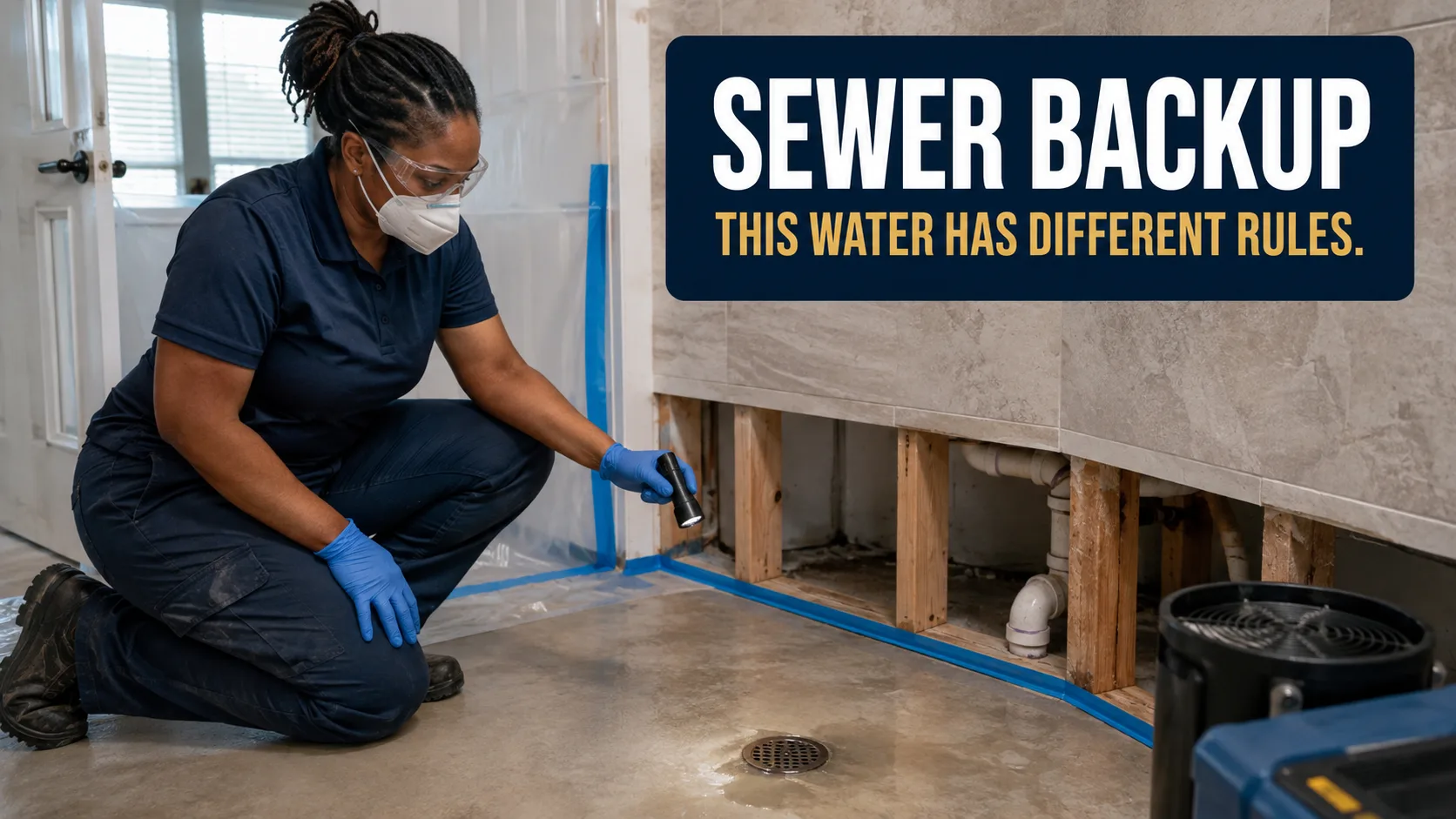 A technician wearing an N95 mask, safety glasses, and blue gloves crouches, shining a flashlight on a floor drain in a bathroom with exposed wall studs and pipes. Caption on image: SEWER BACKUP THIS WATER HAS DIFFERENT RULES.