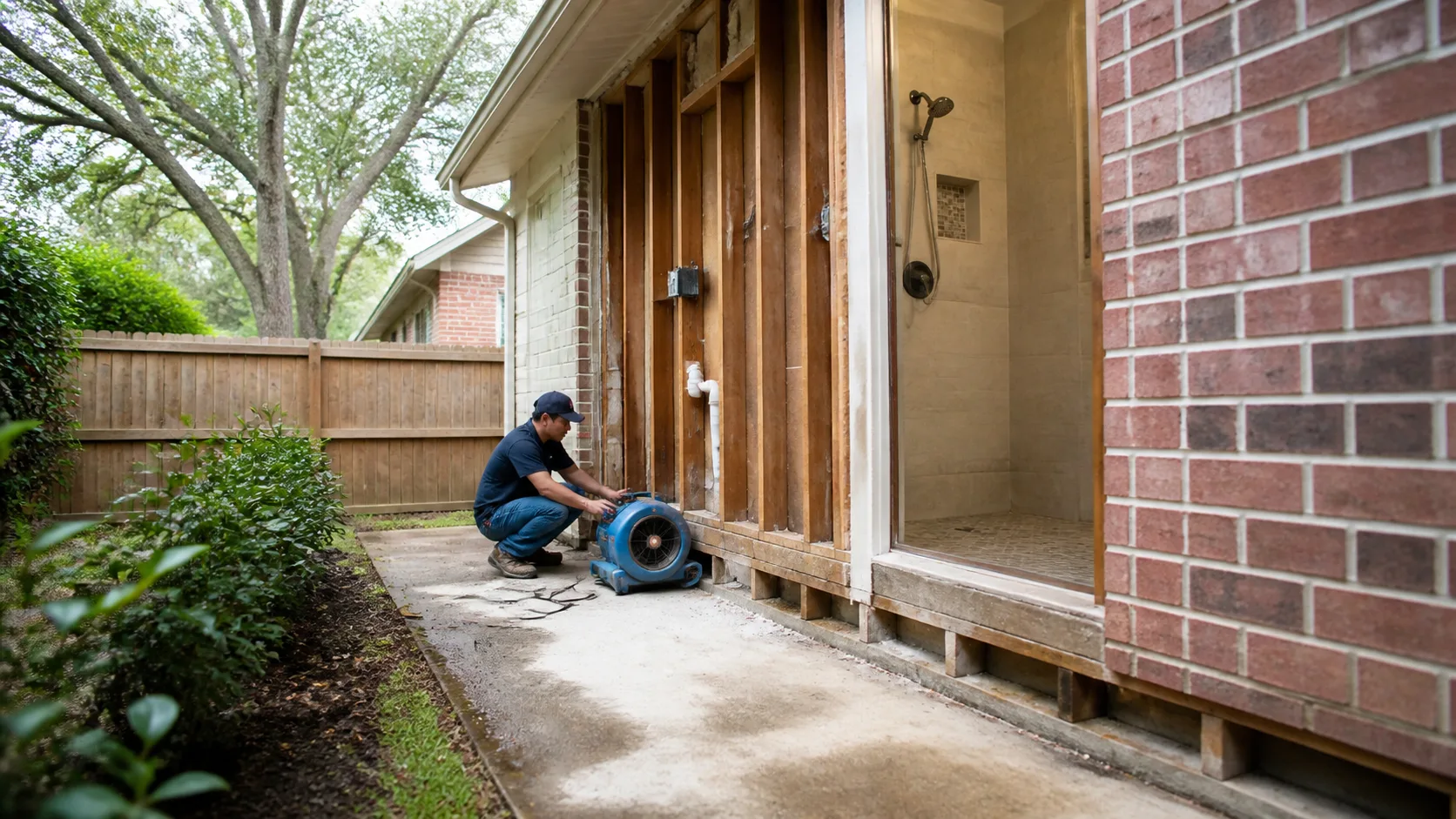 A technician in a blue shirt and cap crouches next to a blue industrial fan, drying a wet concrete patio next to a house with exposed wooden wall studs and a tiled shower.