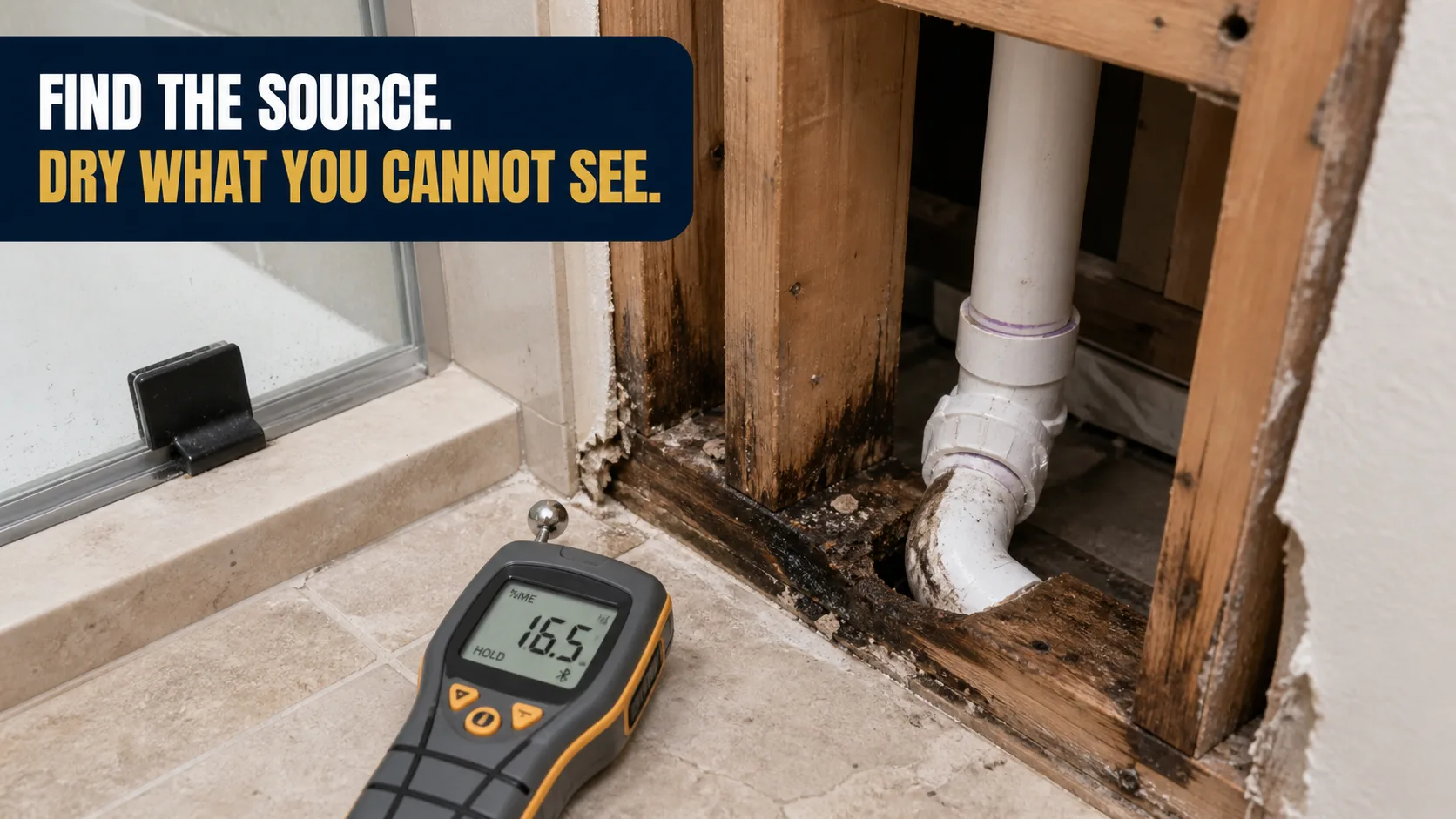 A moisture meter displays 16.5% moisture content next to a shower pan, revealing water damage and mold growth on exposed wooden studs and a PVC pipe. Caption on image: FIND THE SOURCE. DRY WHAT YOU CANNOT SEE.