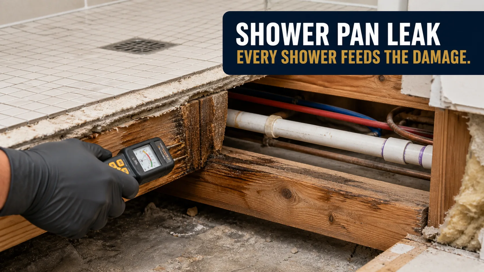 A technician wearing a black glove uses a moisture meter to test a water-damaged wooden beam under a tiled shower floor, revealing exposed pipes. Caption on image: SHOWER PAN LEAK EVERY SHOWER FEEDS THE DAMAGE.