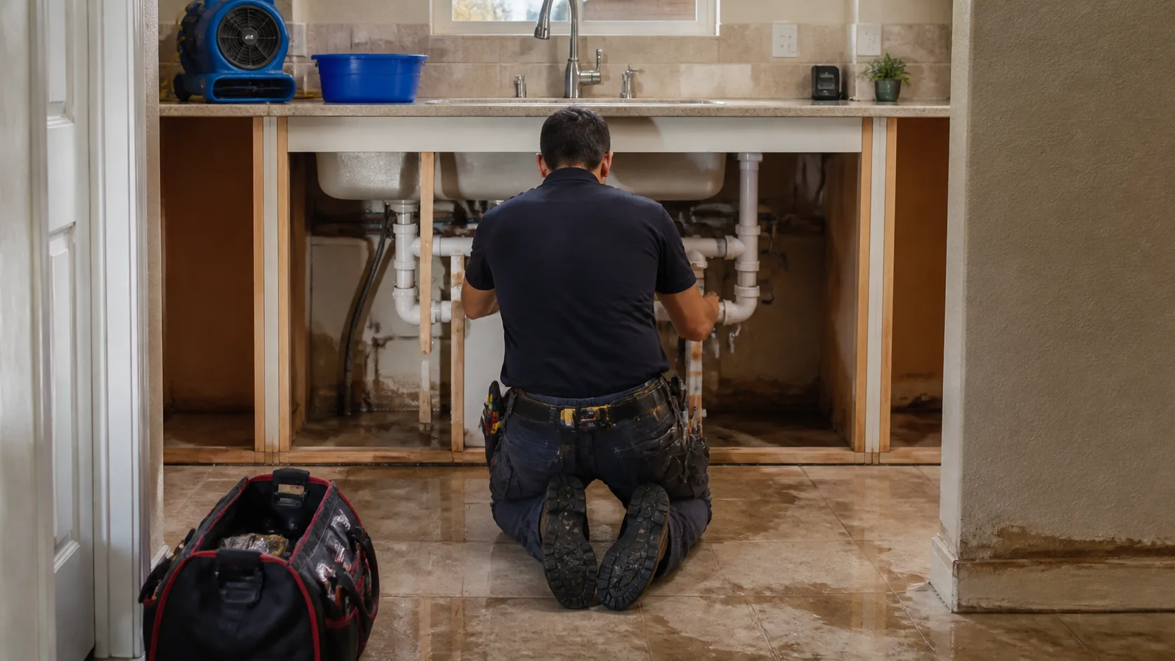 A technician kneels on a wet tiled floor, working on exposed plumbing under a kitchen sink, with a blue air mover and a blue bucket visible on the counter.