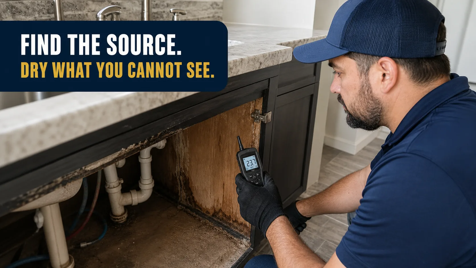 A technician wearing a blue cap and black gloves uses a moisture meter to inspect water damage inside a kitchen sink cabinet. Caption on image: FIND THE SOURCE. DRY WHAT YOU CANNOT SEE.