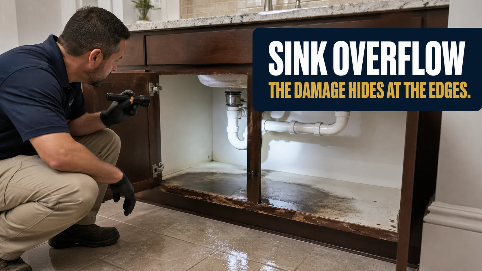 A technician wearing gloves and holding a flashlight crouches to inspect water damage under a kitchen sink, revealing dark stains and standing water on the cabinet base. Caption on image: SINK OVERFLOW THE DAMAGE HIDES AT THE EDGES.