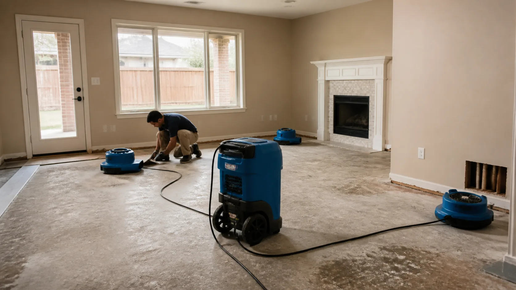 A technician kneels on a concrete floor, drying a room with multiple blue air movers and a large blue dehumidifier after a slab leak.