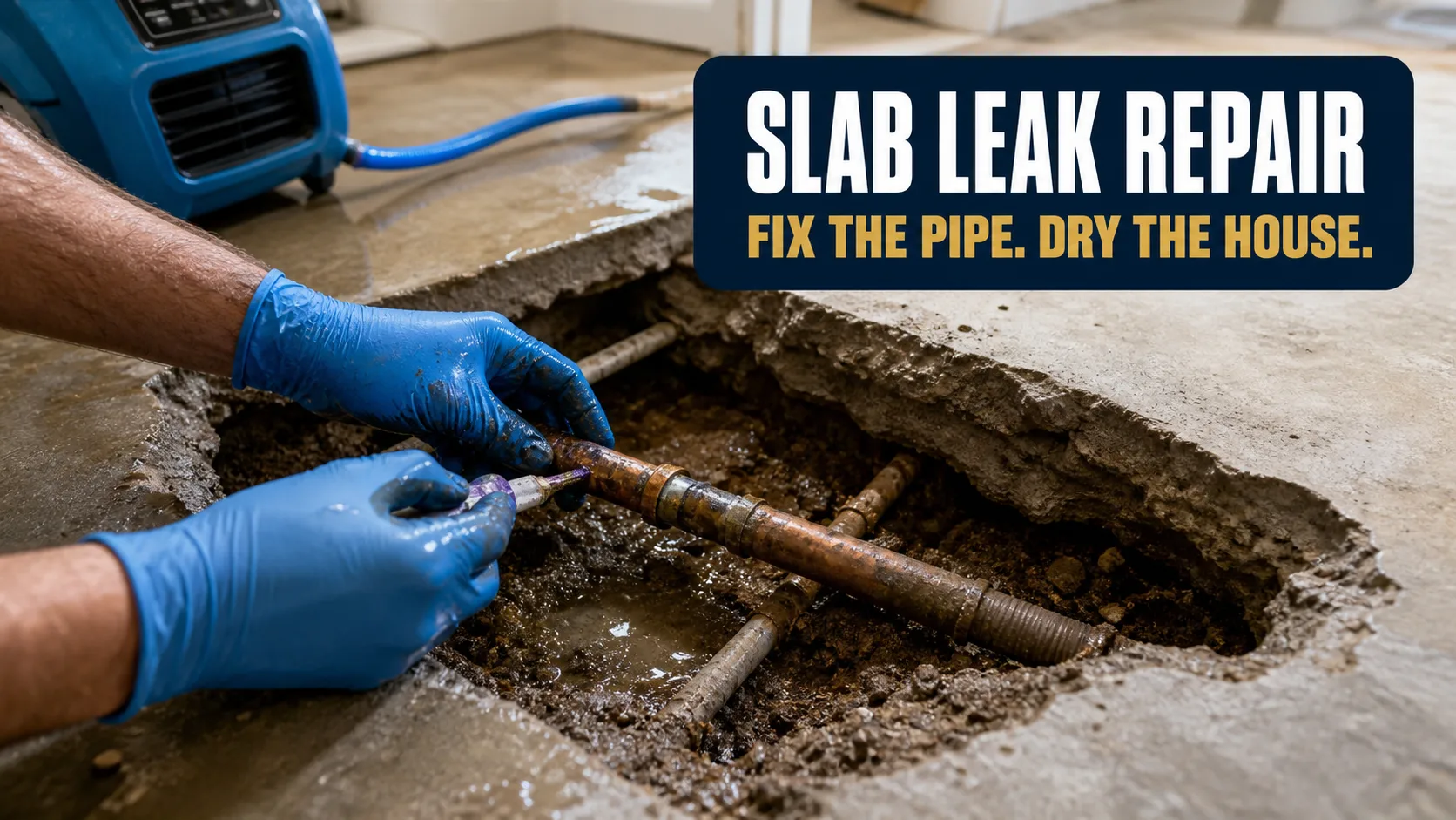 A technician wearing blue gloves applies sealant to a copper pipe exposed in a concrete slab, with a blue water extraction machine in the background. Caption on image: SLAB LEAK REPAIR FIX THE PIPE. DRY THE HOUSE.