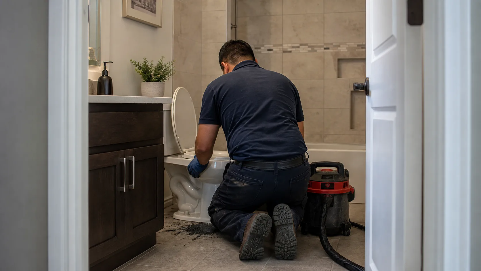 A technician wearing blue gloves kneels to work on a white toilet with a raised lid, with a wet/dry vacuum nearby.