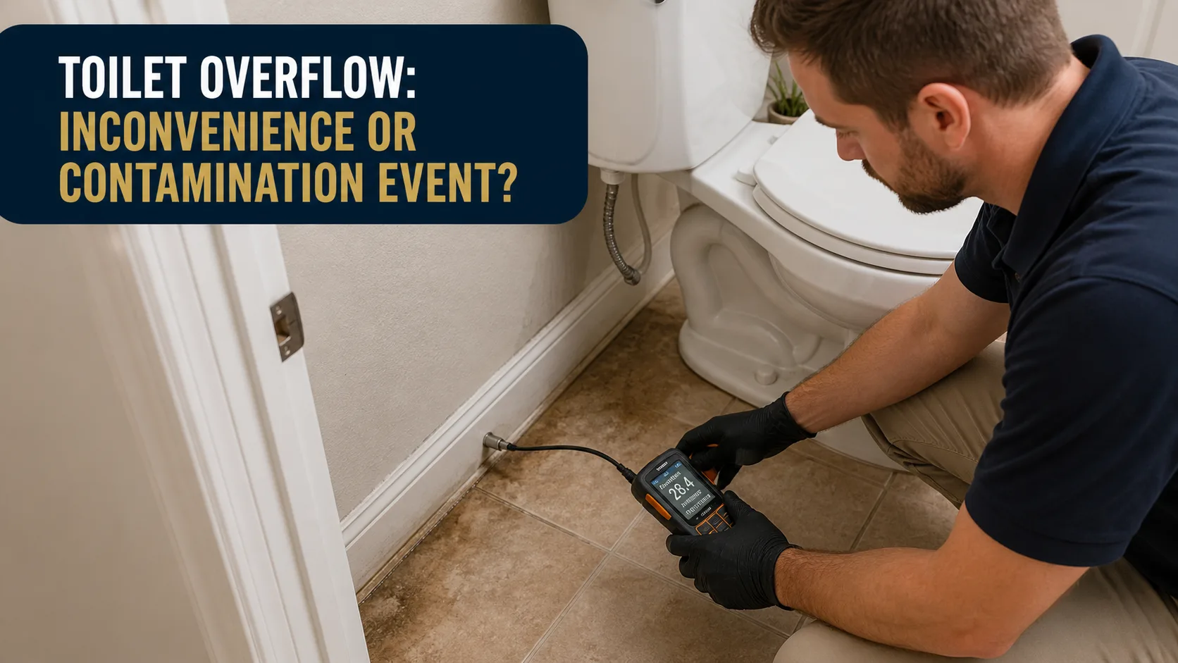 A technician wearing black gloves kneels on a tiled bathroom floor, using a handheld moisture meter near the base of a toilet and wall. Caption on image: TOILET OVERFLOW: INCONVENIENCE OR CONTAMINATION EVENT?.