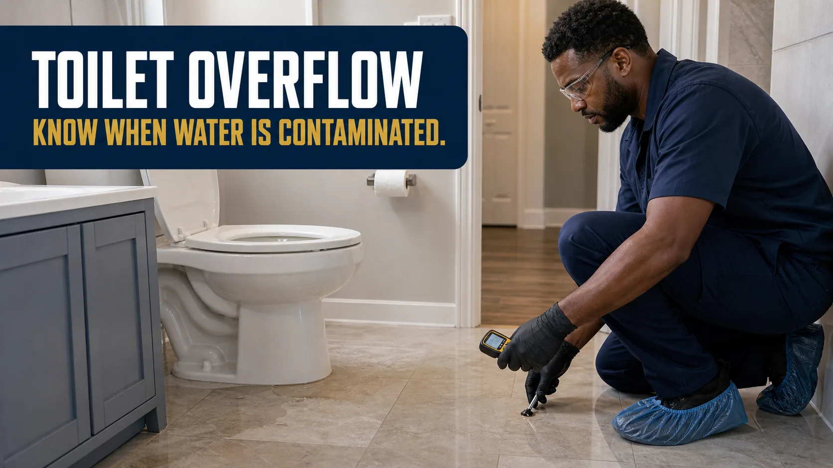 A technician wearing safety glasses, gloves, and shoe covers kneels on a tiled bathroom floor, using a moisture meter near an overflowing toilet. Caption on image: TOILET OVERFLOW KNOW WHEN WATER IS CONTAMINATED.