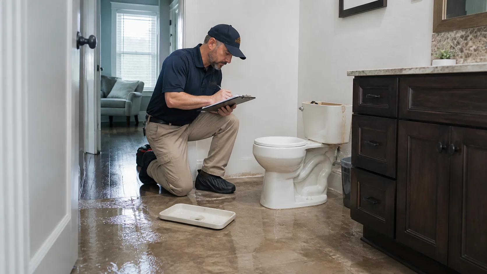 A technician kneels on a water-damaged floor next to a toilet with its tank removed, writing on a clipboard.