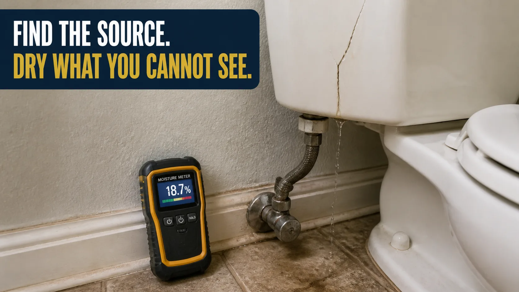 A moisture meter showing 18.7% moisture content sits on the floor next to a leaking toilet with a cracked tank. Caption on image: FIND THE SOURCE. DRY WHAT YOU CANNOT SEE.