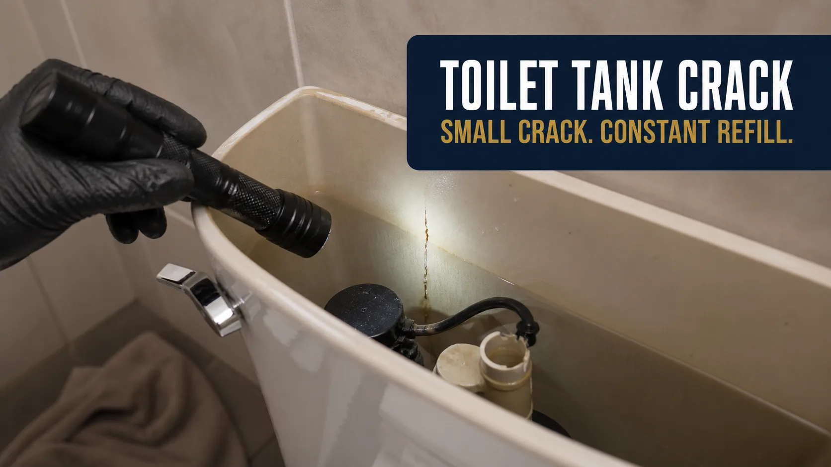 A technician wearing a black glove shines a flashlight into a toilet tank, illuminating a vertical crack with brown staining. Caption on image: TOILET TANK CRACK SMALL CRACK. CONSTANT REFILL.