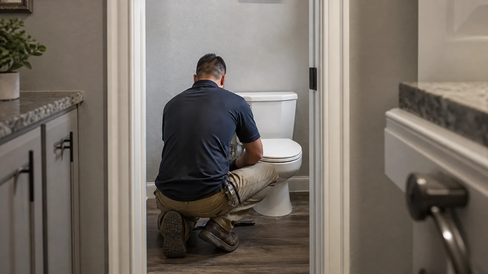 A technician kneels on a wood-look floor, viewed from behind, working on the supply line of a white toilet in a bathroom.