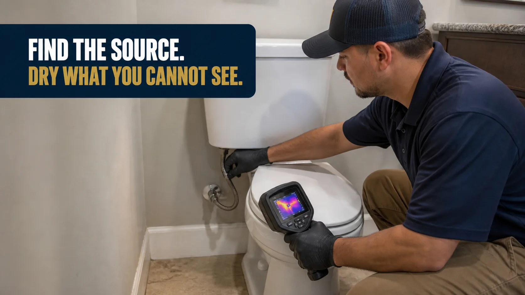 A technician wearing black gloves uses a thermal imaging camera to inspect the water supply line of a toilet in a bathroom. Caption on image: FIND THE SOURCE. DRY WHAT YOU CANNOT SEE.
