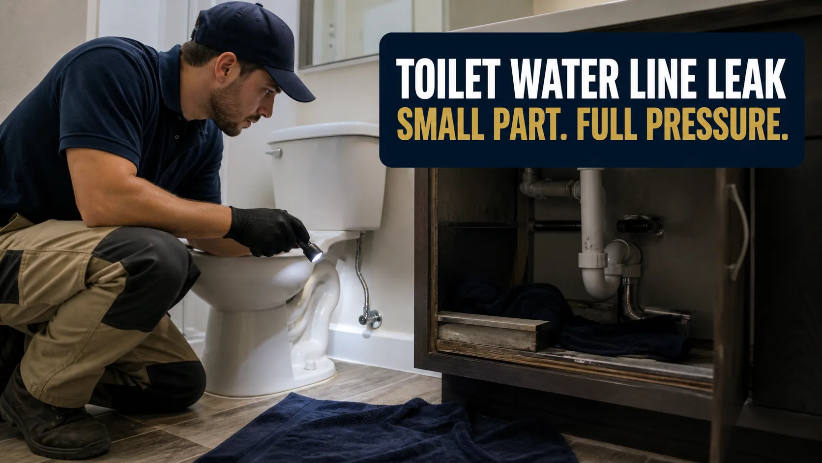 A technician wearing gloves and a cap kneels, shining a flashlight on a toilet's water line, with an open cabinet showing plumbing next to it. Caption on image: TOILET WATER LINE LEAK SMALL PART. FULL PRESSURE.