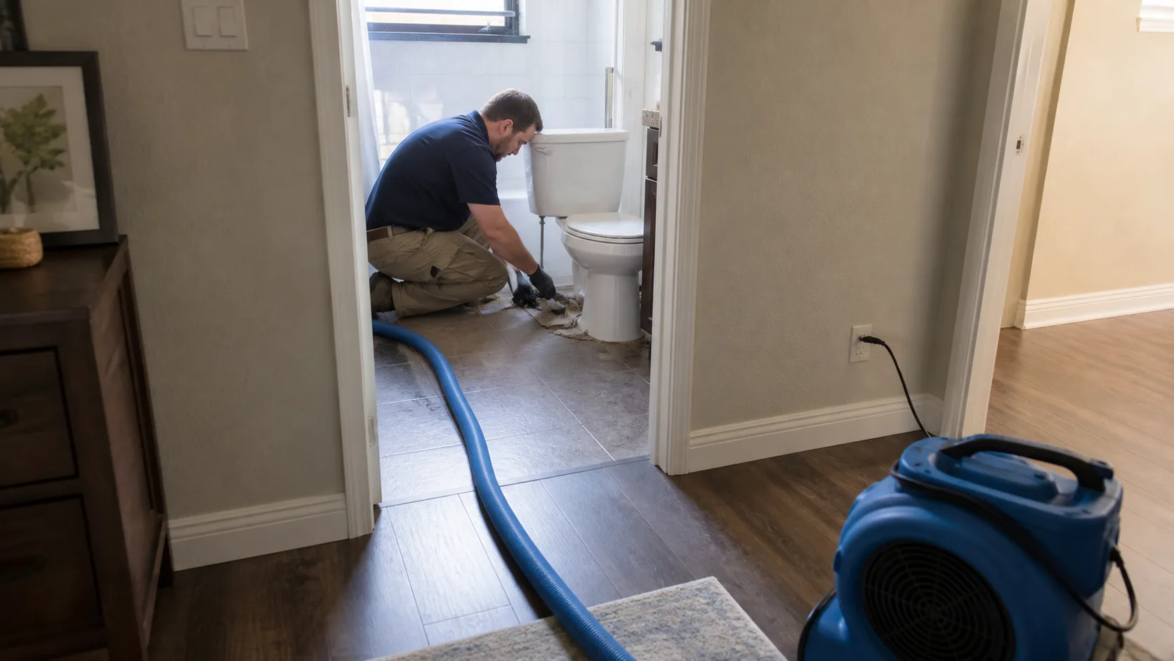 A technician wearing gloves kneels to clean around a toilet in a bathroom, with a blue hose and a blue air mover on the floor outside the doorway.