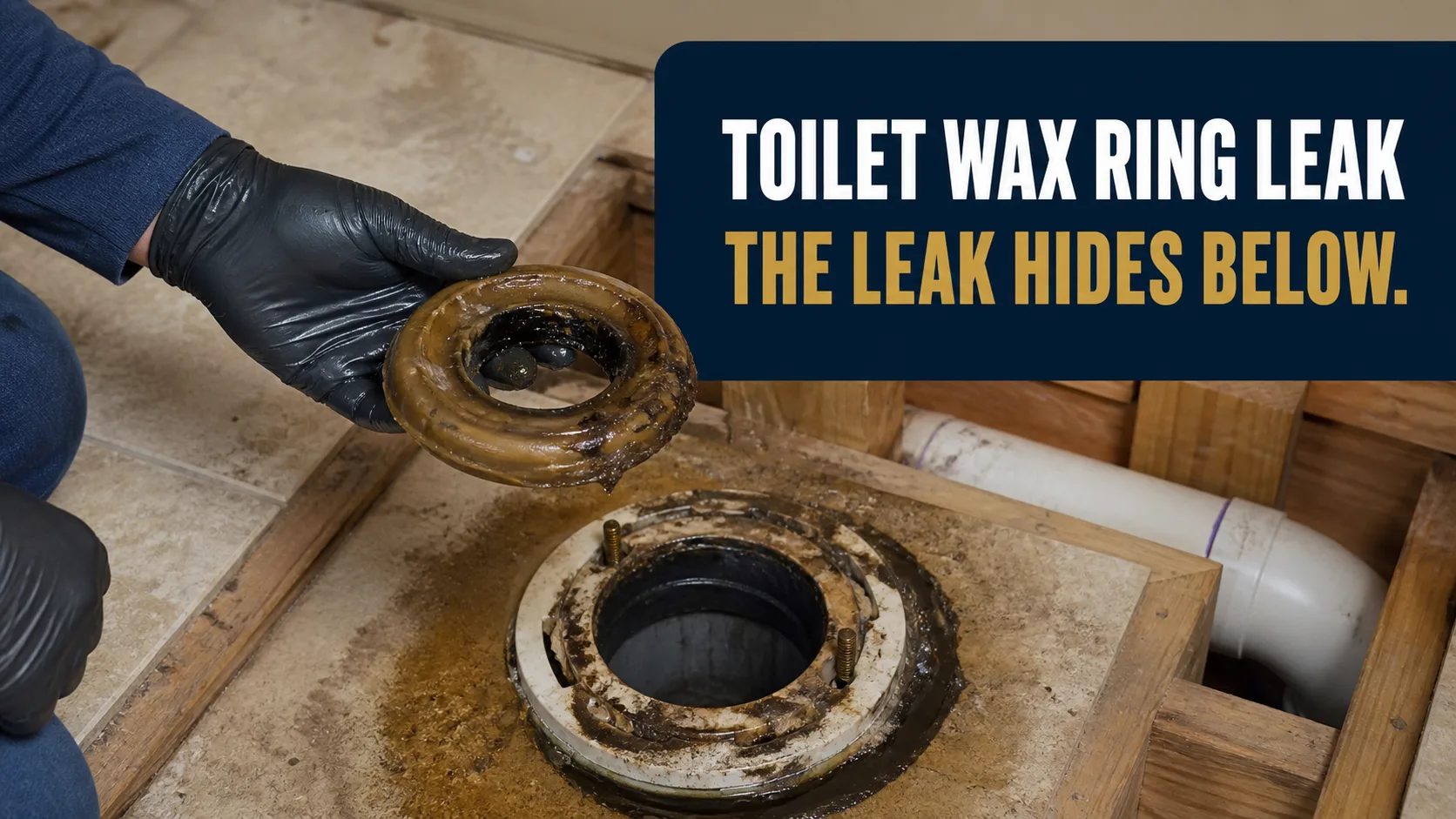 A technician wearing black gloves holds up a dirty, used toilet wax ring above a toilet flange that is also covered in grime and residue. Caption on image: TOILET WAX RING LEAK THE LEAK HIDES BELOW.
