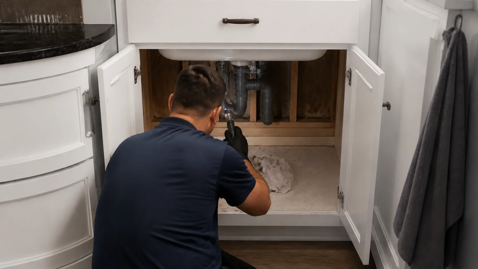 A technician wearing black gloves kneels and shines a flashlight on the P-trap plumbing under a white sink in a bathroom.