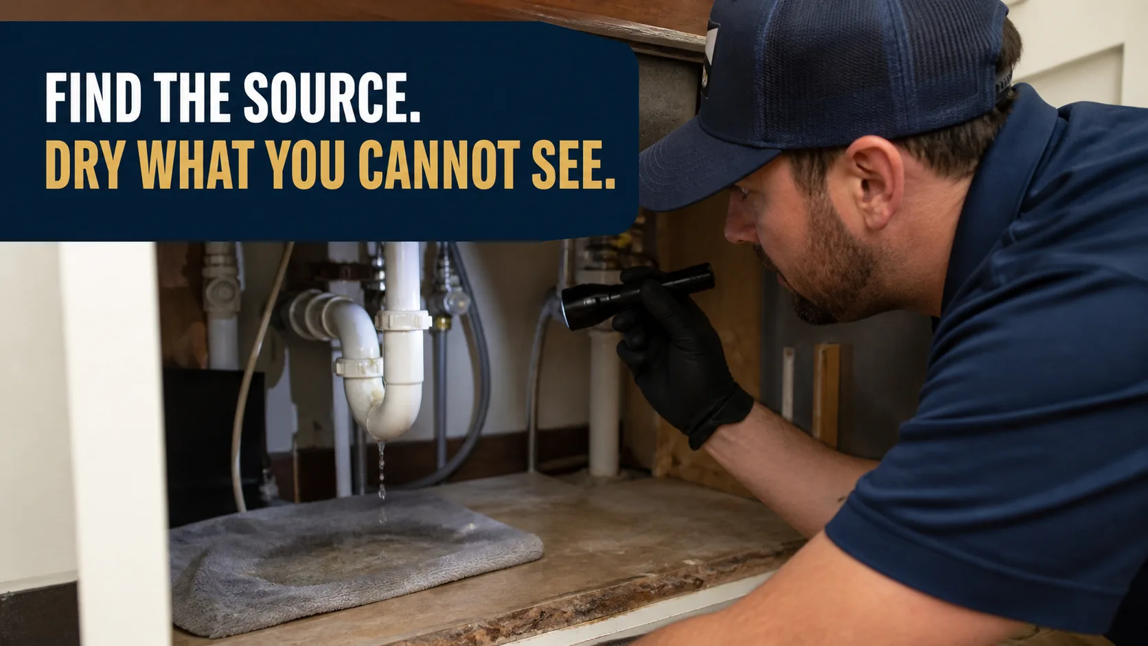 A technician wearing a blue cap and black gloves shines a flashlight under a sink, illuminating a leaking P-trap and a wet gray mat on the cabinet floor. Caption on image: FIND THE SOURCE. DRY WHAT YOU CANNOT SEE.