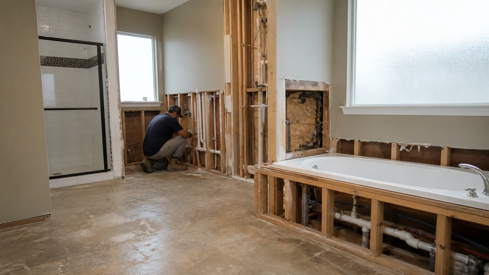 A technician kneels to work on exposed plumbing in a bathroom under renovation, with a shower stall and a bathtub with exposed framing visible.