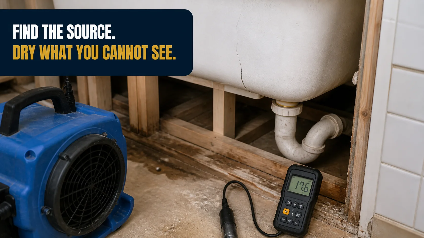 A blue air mover and a moisture meter displaying '17.6' are on a concrete floor next to exposed wooden framing and the underside of a bathtub with a visible crack and plumbing. Caption on image: FIND THE SOURCE. DRY WHAT YOU CANNOT SEE.