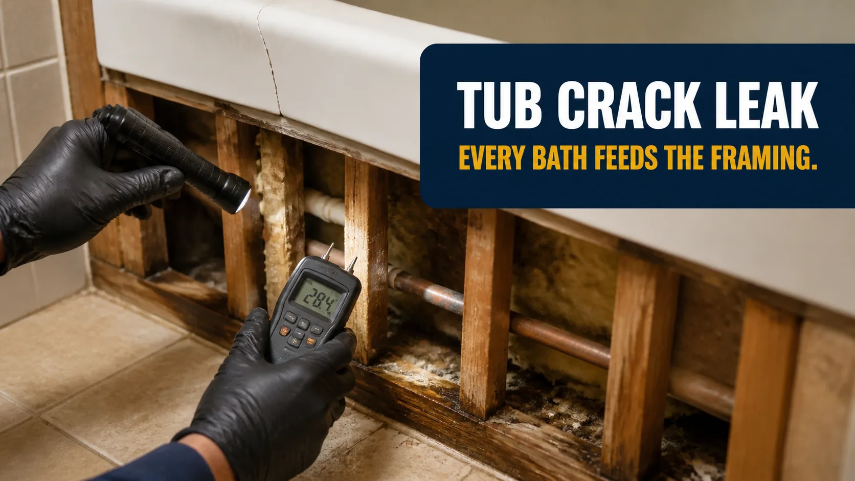 A technician wearing black gloves uses a flashlight and a moisture meter to inspect water damage and mold growth behind a cracked bathtub. Caption on image: TUB CRACK LEAK EVERY BATH FEEDS THE FRAMING.