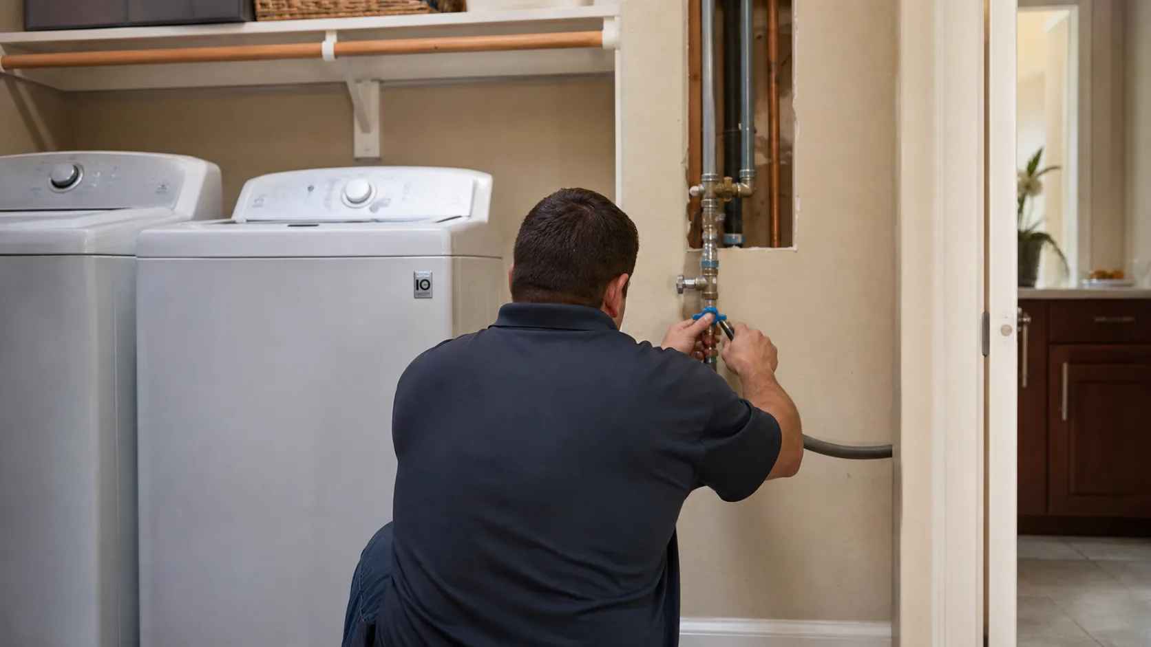A technician kneels in a laundry room, adjusting the water supply valves for a washing machine, with exposed pipes visible in the wall.