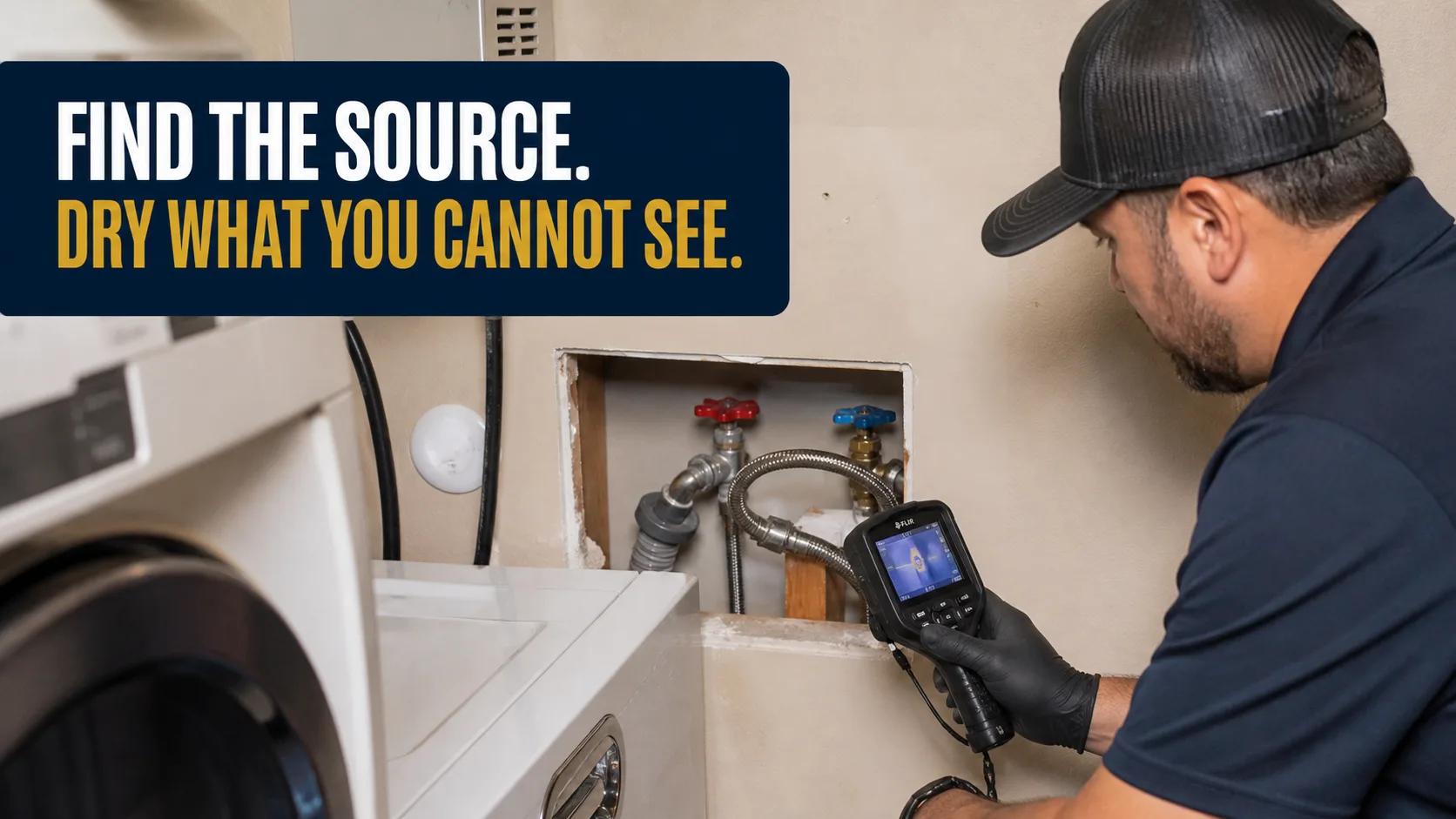A technician wearing a black cap and gloves uses a borescope to inspect plumbing connections in a wall cutout behind a washing machine. Caption on image: FIND THE SOURCE. DRY WHAT YOU CANNOT SEE.