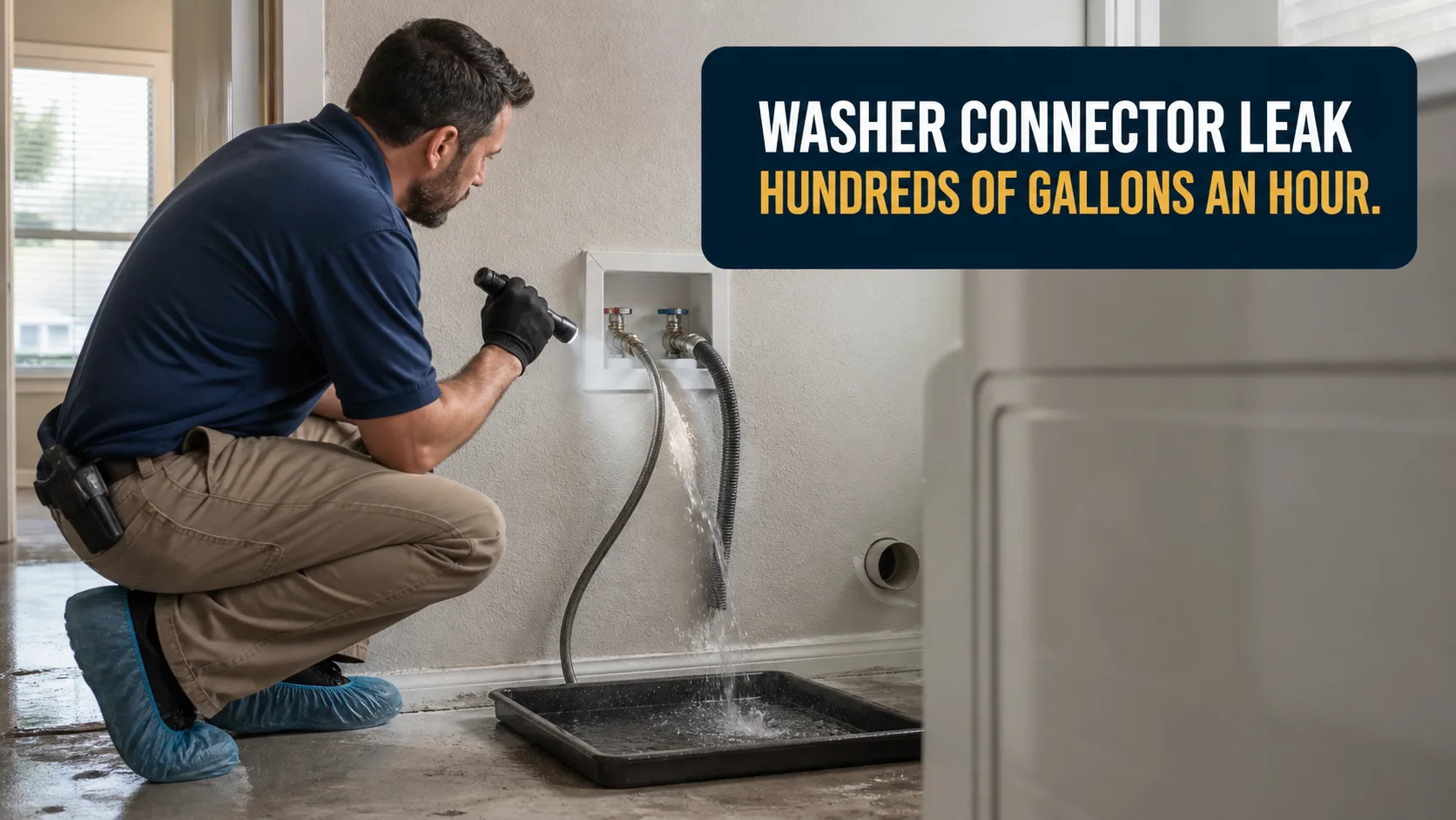 A technician wearing shoe covers and gloves shines a flashlight on a leaking washing machine hose, with water collecting in a black tray on the concrete floor. Caption on image: WASHER CONNECTOR LEAK HUNDREDS OF GALLONS AN HOUR.