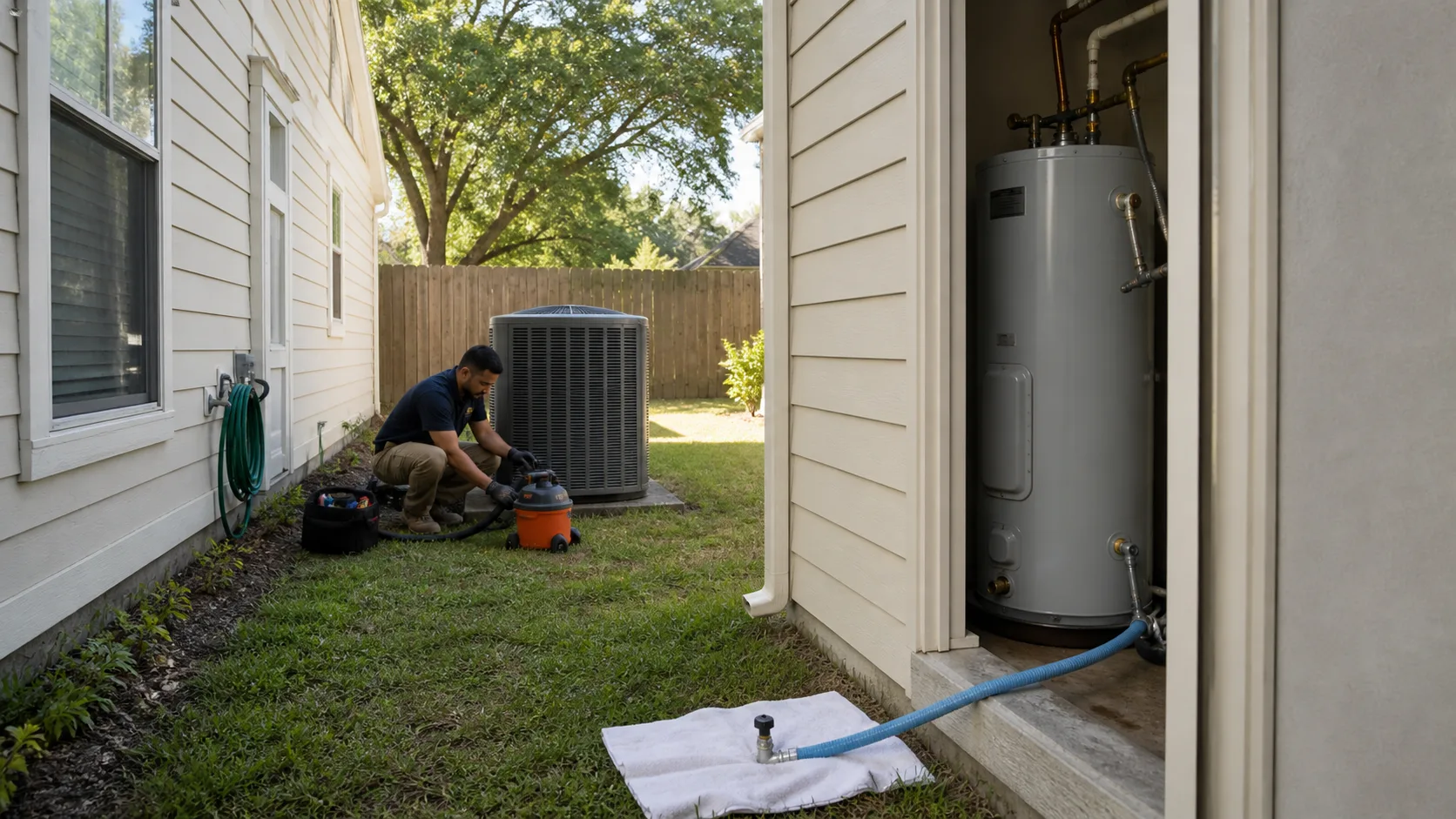 A technician kneels in a grassy yard, using a shop vac to clean an outdoor AC unit, while a water heater is visible in an open closet.