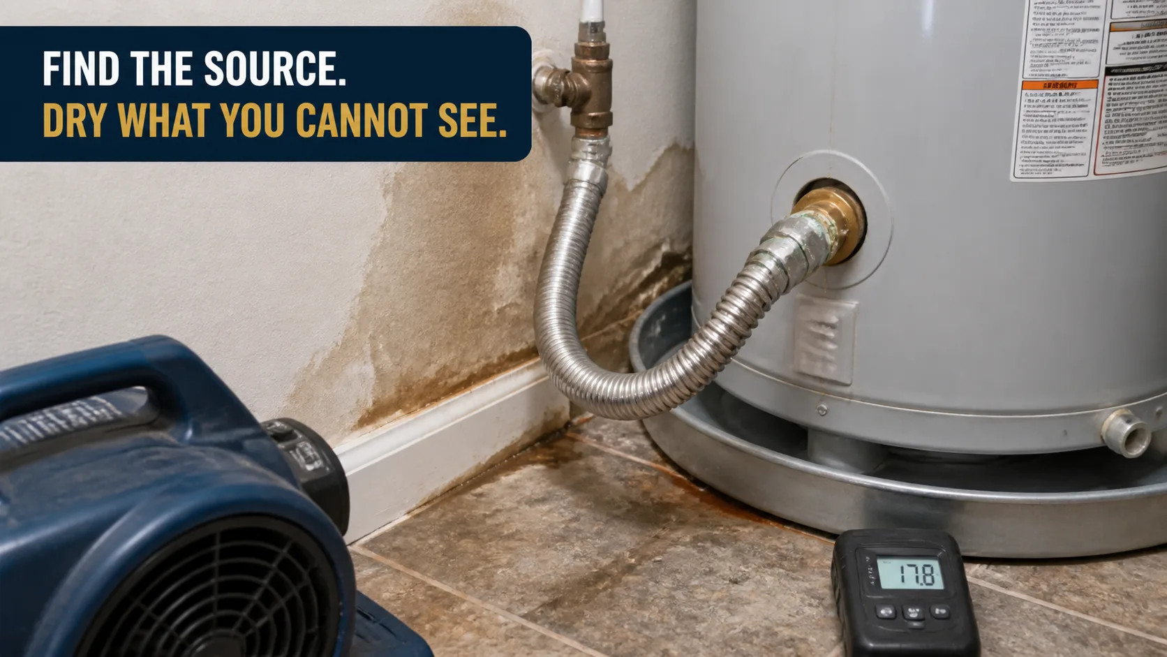 A water heater with a leaking connector and water damage on the wall and floor, with a fan and a moisture meter nearby. Caption on image: FIND THE SOURCE. DRY WHAT YOU CANNOT SEE.