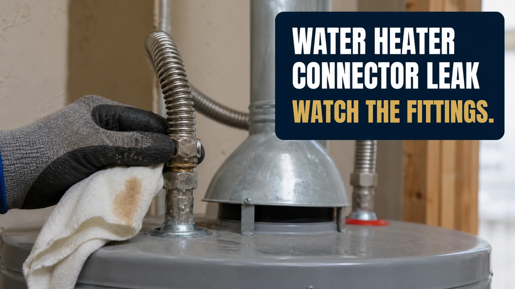A gloved hand holds a white rag to wipe a water heater connector fitting, which shows signs of a leak with a brown stain on the rag. Caption on image: WATER HEATER CONNECTOR LEAK WATCH THE FITTINGS.