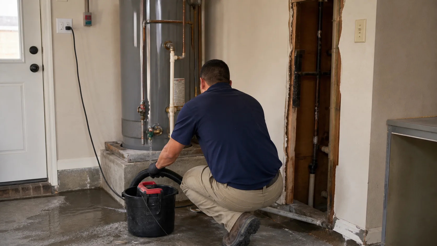 A technician wearing gloves crouches to drain water from a leaking water heater into a black bucket, with water pooled on the concrete floor.