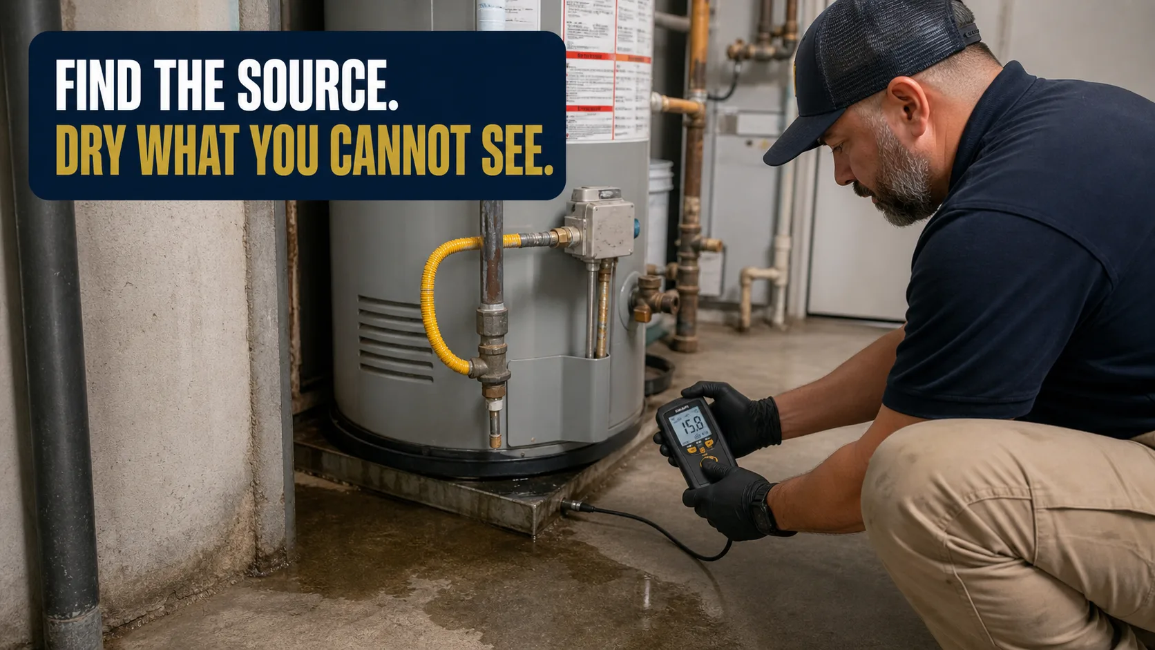 A technician wearing black gloves and a baseball cap kneels on a concrete floor, using a moisture meter to check for water around the base of a water heater. Caption on image: FIND THE SOURCE. DRY WHAT YOU CANNOT SEE.