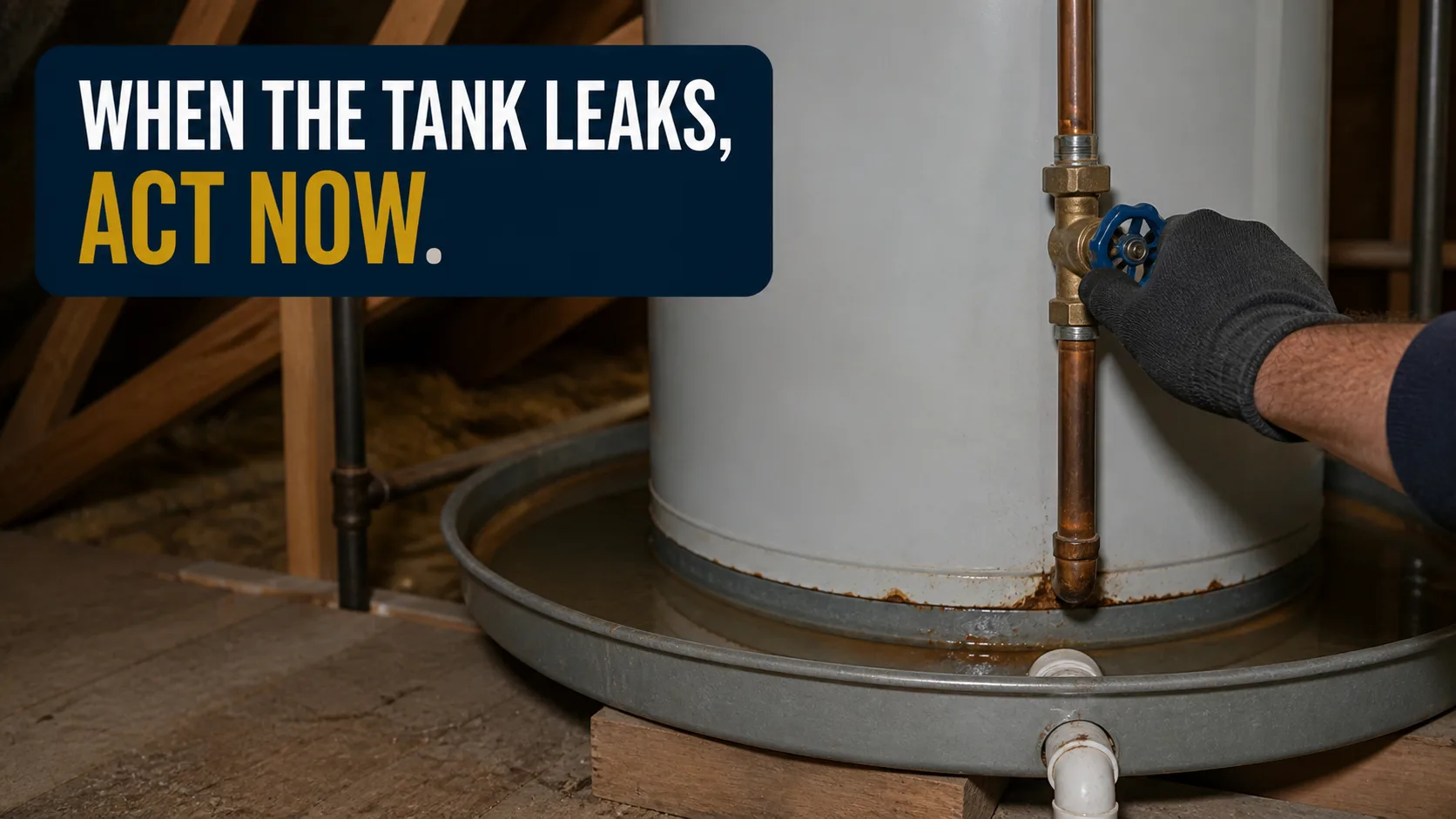 A gloved hand turns a valve on a leaking water heater, which sits in a metal pan filled with water, in an attic. Caption on image: WHEN THE TANK LEAKS, ACT NOW.