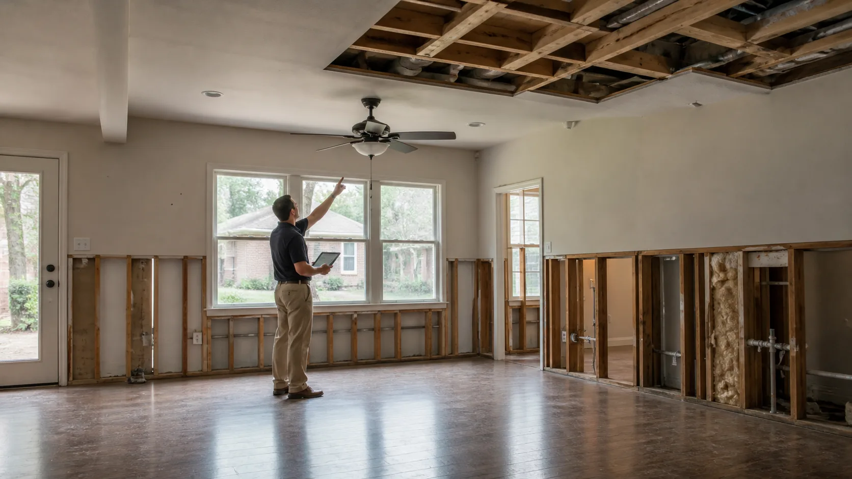 An insurance adjuster in a collared shirt and khakis points to the exposed ceiling joists and subfloor in a water-damaged living room.