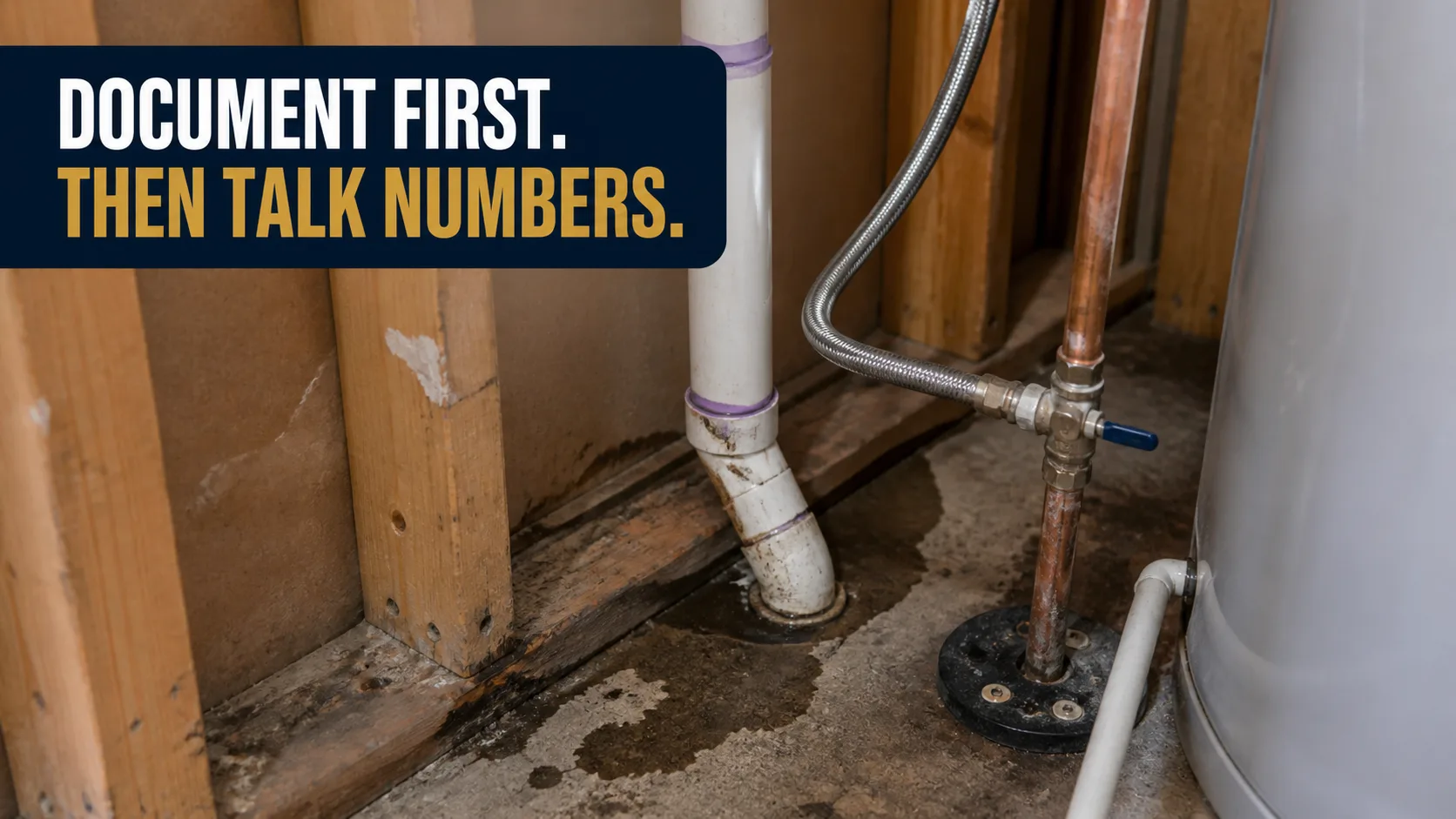 Water damage is visible on a concrete floor and wooden wall studs next to a white PVC drain pipe and a water heater. Caption on image: DOCUMENT FIRST. THEN TALK NUMBERS.