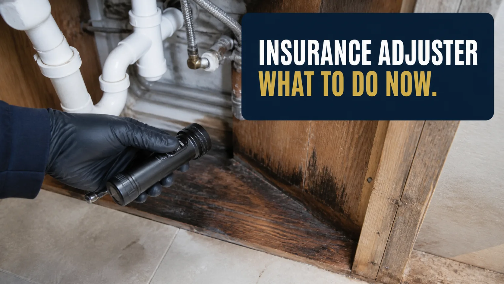 A technician wearing black gloves shines a flashlight on dark water damage and mold growth on the wooden base of a cabinet under a sink with white PVC pipes. Caption on image: INSURANCE ADJUSTER WHAT TO DO NOW.