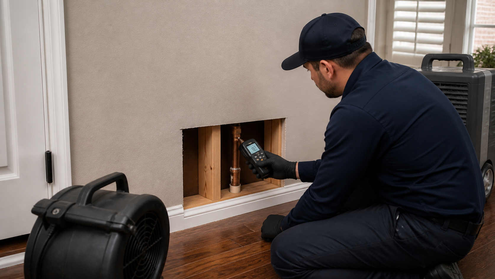 Restoration technician checking moisture at a small opened wall cavity during controlled drying