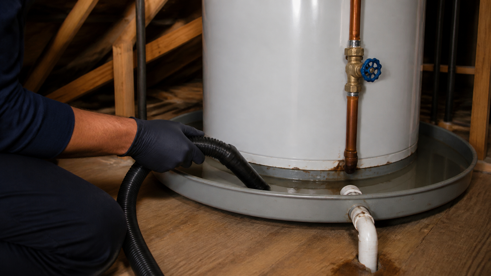 Restoration technician extracting a small amount of water from a water heater drain pan